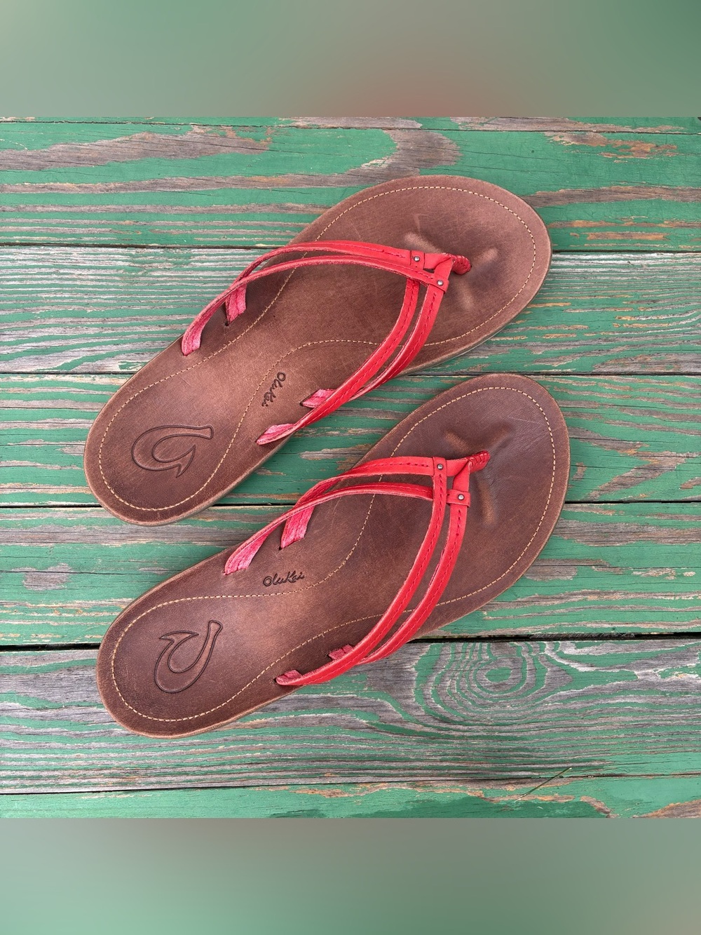Olukai U'l W Womens Ohia Red Leather Sandals Sz 9 Flip Flop